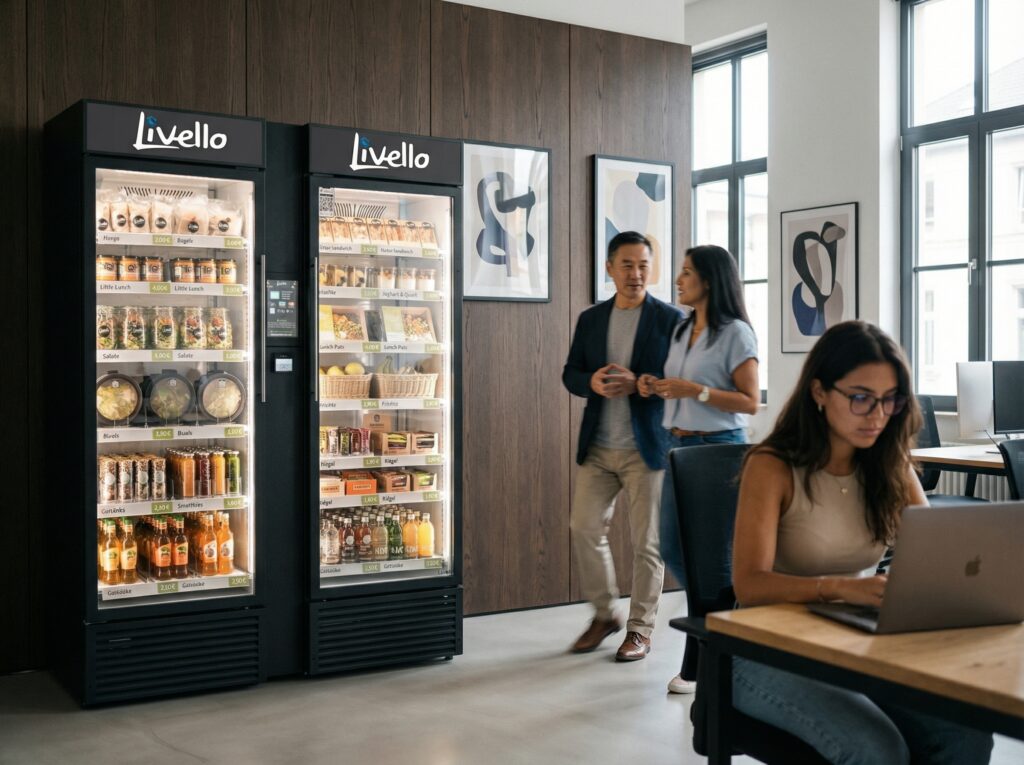 Autonome Versorgung im Coworking Space: Smart Fridge im Community-Bereich neben Sitzgelegenheiten, ideal für 24/7 Micro Market und Austausch.