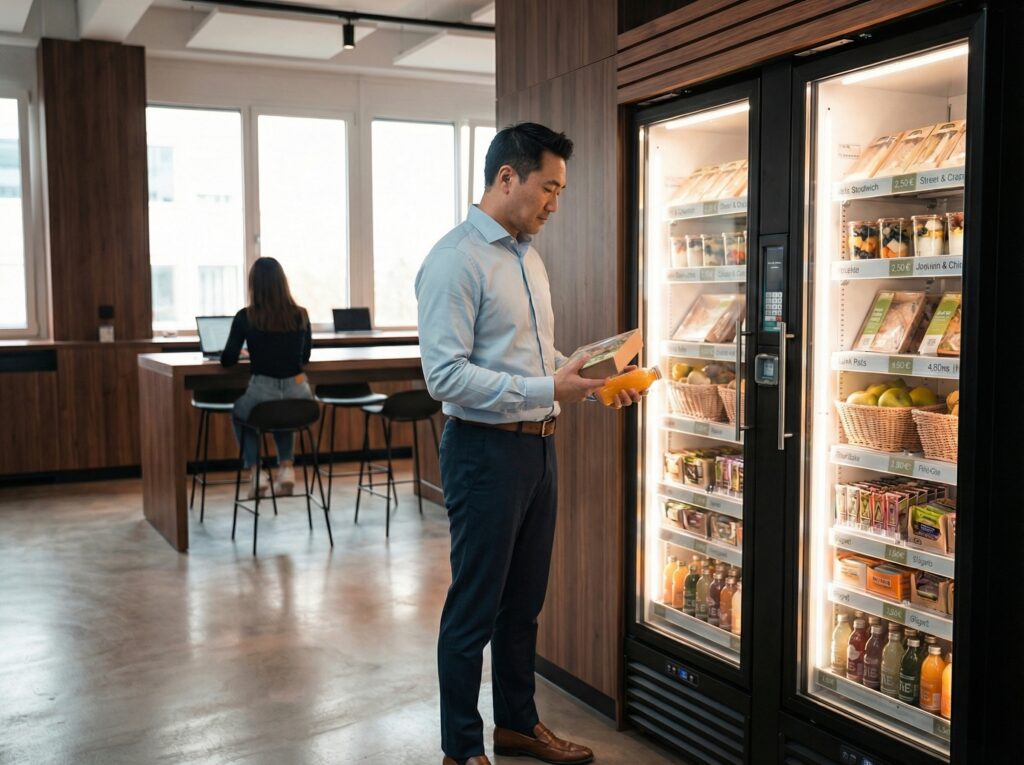 Smart Fridge als autonome Versorgung im Coworking Space in der Lounge-Zone mit Snacks und Getränken zur Selbstbedienung.