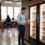 Smart Fridge als autonome Versorgung im Coworking Space in der Lounge-Zone mit Snacks und Getränken zur Selbstbedienung.