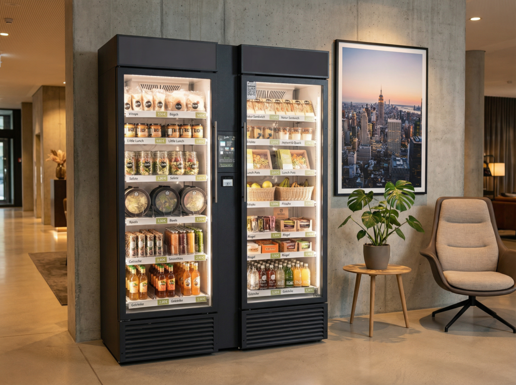 Livello Smart Kiosk: Autonomer Verkaufsautomat in einer modernen Hotel-Lobby.