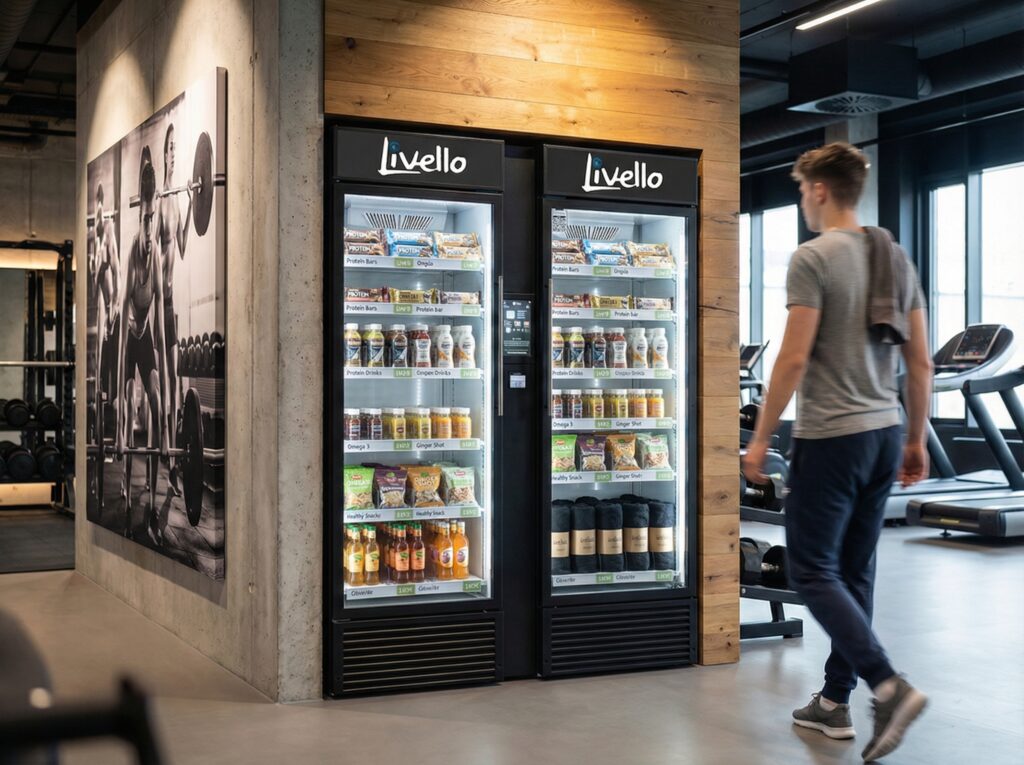 Zwei Livello Smart-Fridges mit frischen Snacks und Getränken in einem Fitnessstudio