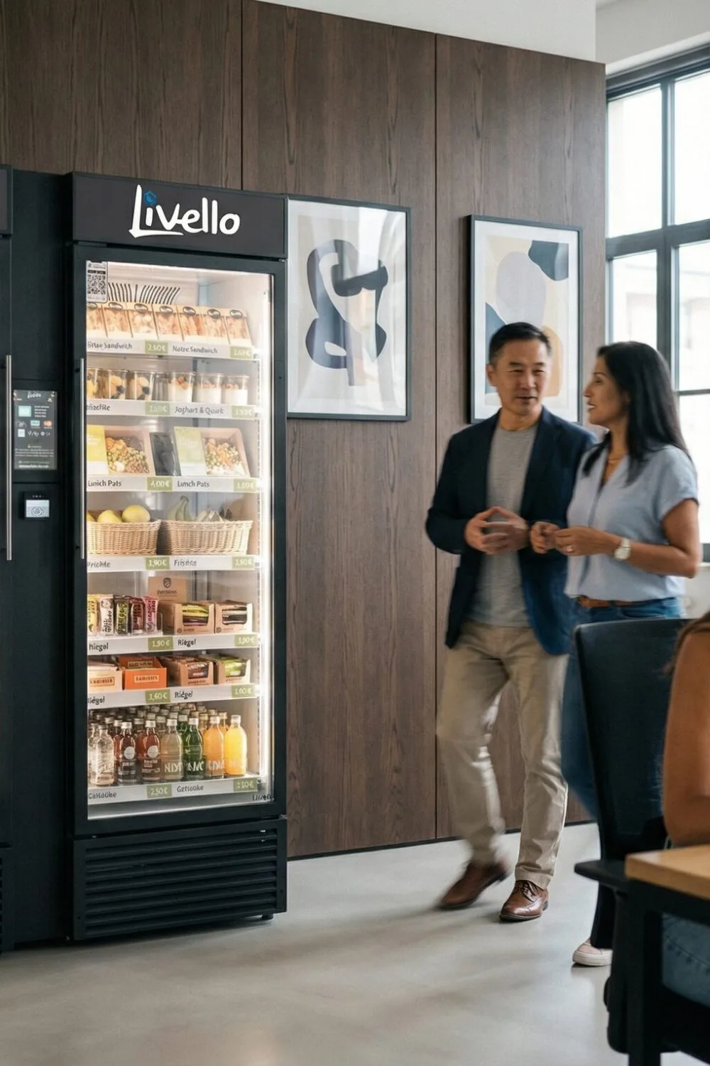 Autonome Versorgung im Coworking Space: Smart Fridge im Community-Bereich neben Sitzgelegenheiten, ideal für 24/7 Micro Market und Austausch.